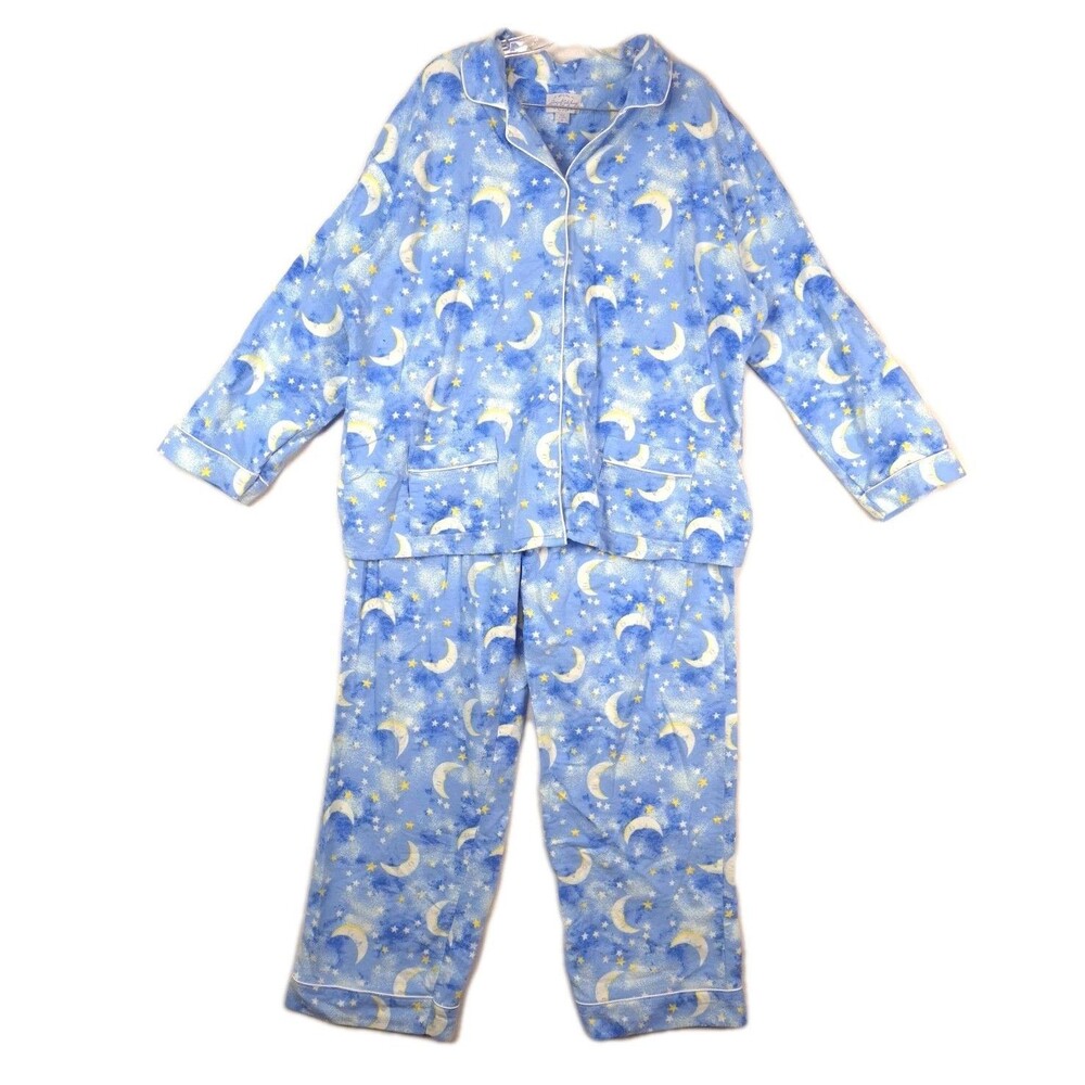 Lanz of Salzburg Plus Size Women Flannel Pajama Set Blue Moons & Stars Sleepwear